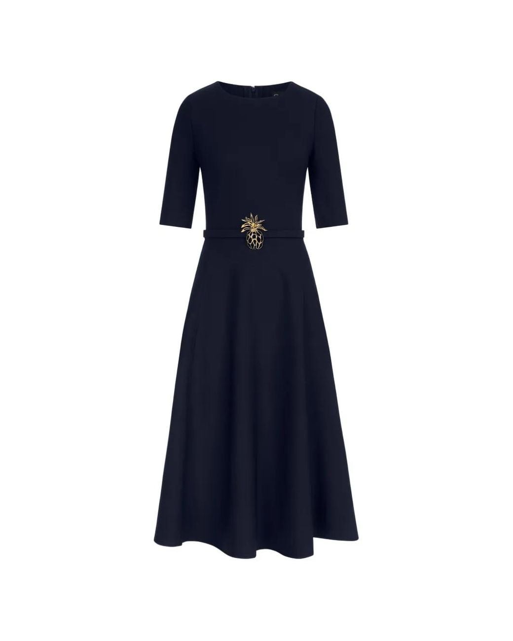 Oscar de la Renta Blue Pineapple-Belt Wool Dress