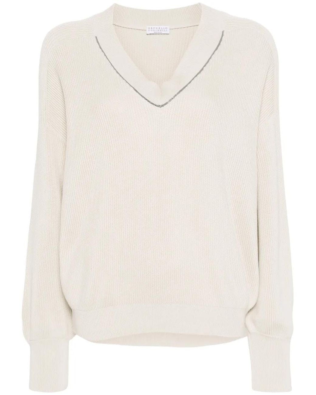 Brunello Cucinelli White Monili-Chain Ribbed Jumper
