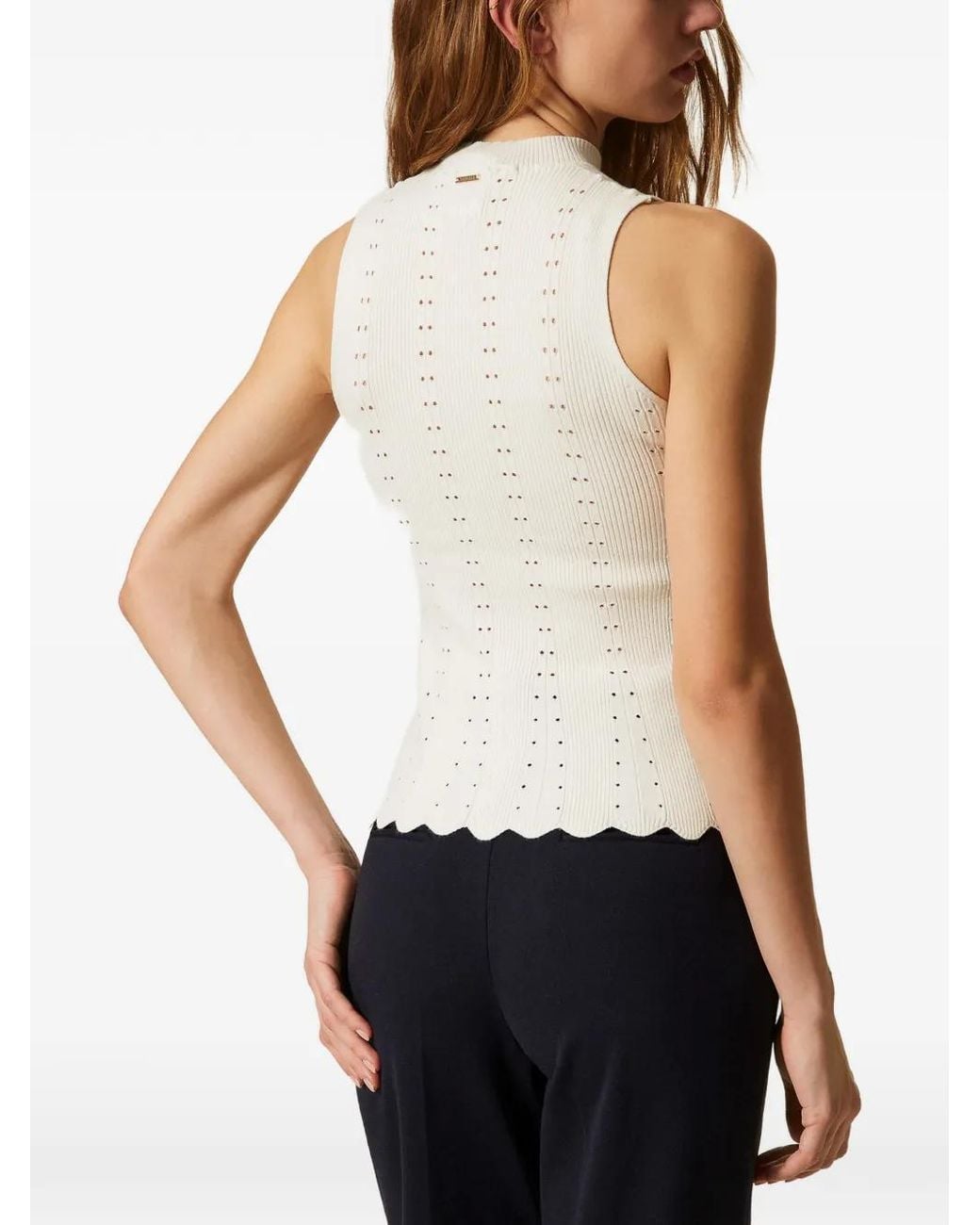 Twinset White Turtle-Neck Knit Top With Scalloped Hem