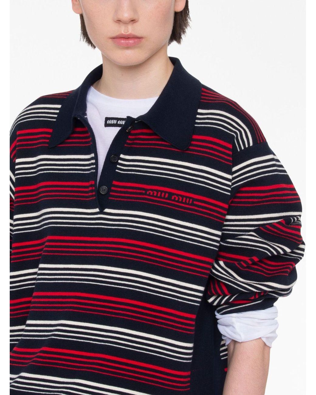 関税込【MiuMiu】Logo striped cotton jersey polo shirt Logo striped cotton jersey polo shirt in beige - Miu Miu