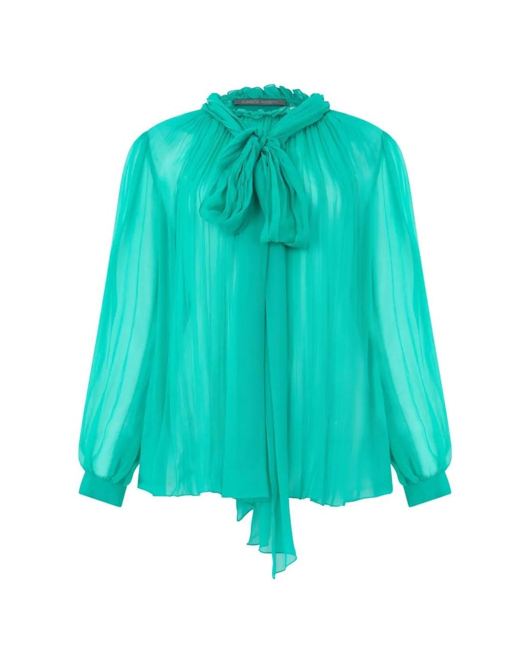 Alberta Ferretti Blue Pussy-Bow Pleated Blouse