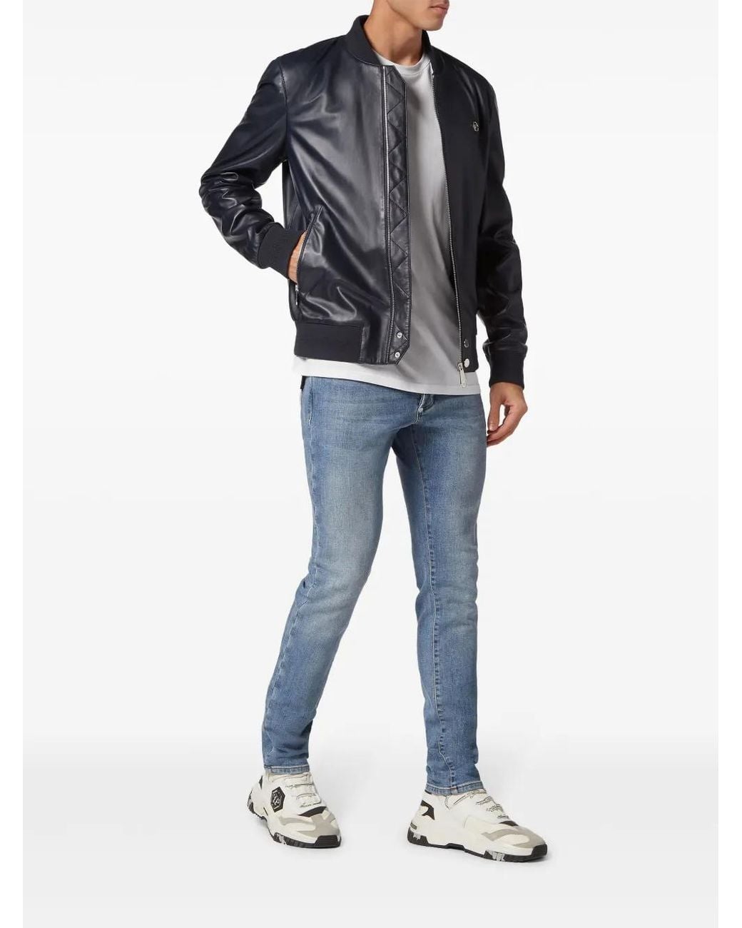 Philipp Plein Blue Leather Bomber Jacket for men