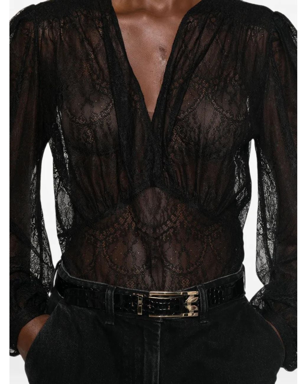 Twinset Black Lace-Overlay Ruffled-Trim Blouse