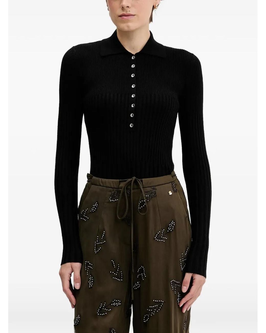 Sisley Black Button Ribbed Polo Sweater