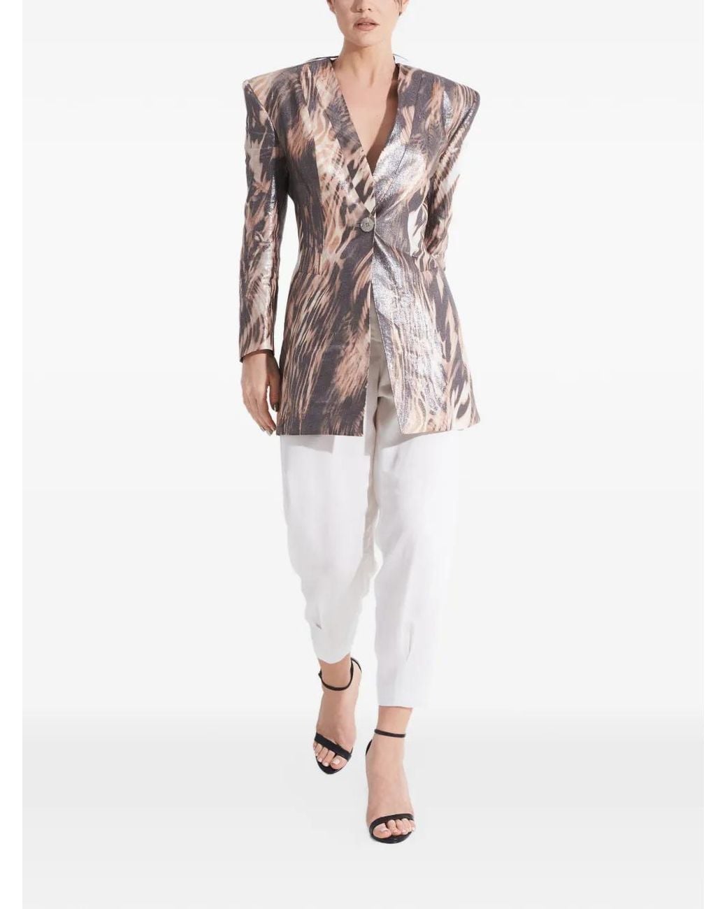 Tessitura Body Couture Brown Printed Oversized-Shoulder Blazer