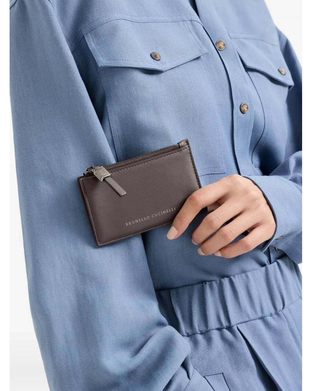 Brunello Cucinelli Gray Calfskin Card Case With Shiny Zipper Pull