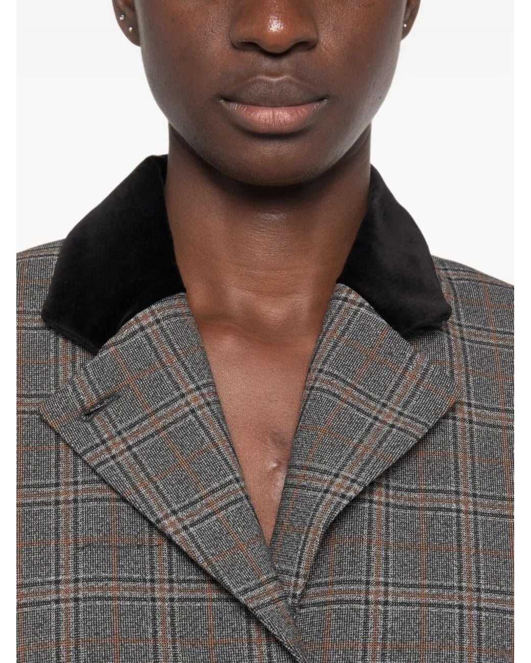 Marella Gray Check-Pattern Velvet-Trim Jacket
