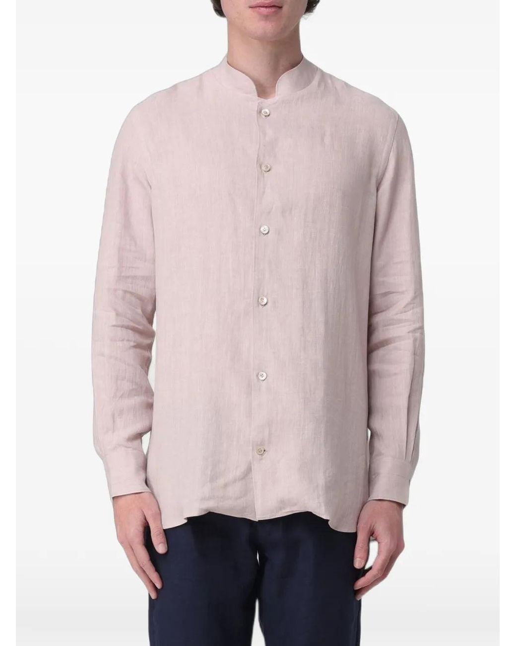 Eleventy Pink Band-Collar Linen Shirt for men
