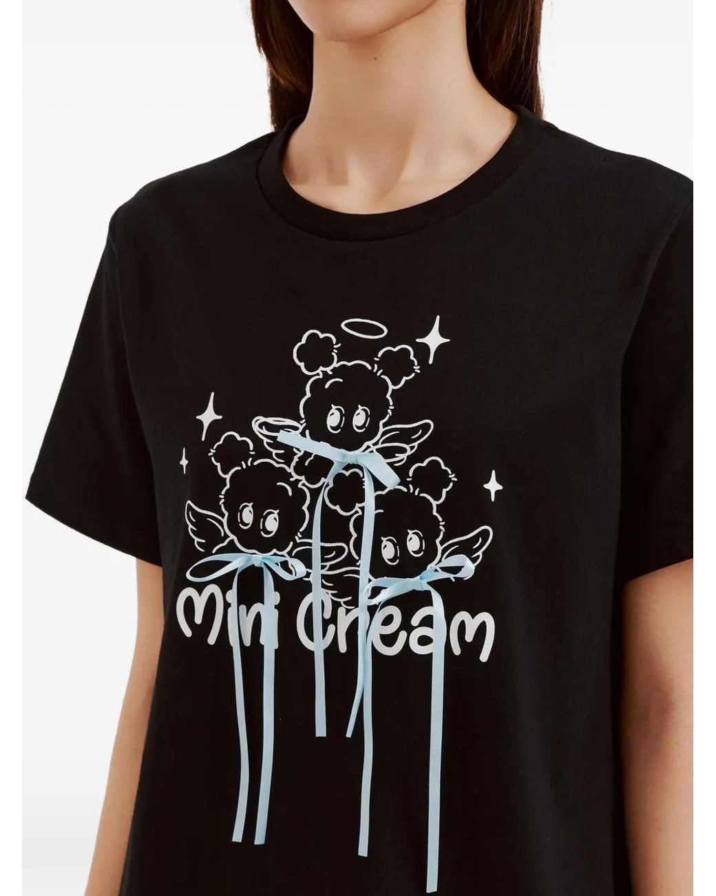 Mini Cream Black Graphic-Print Bow-Details Cotton T-Shirt