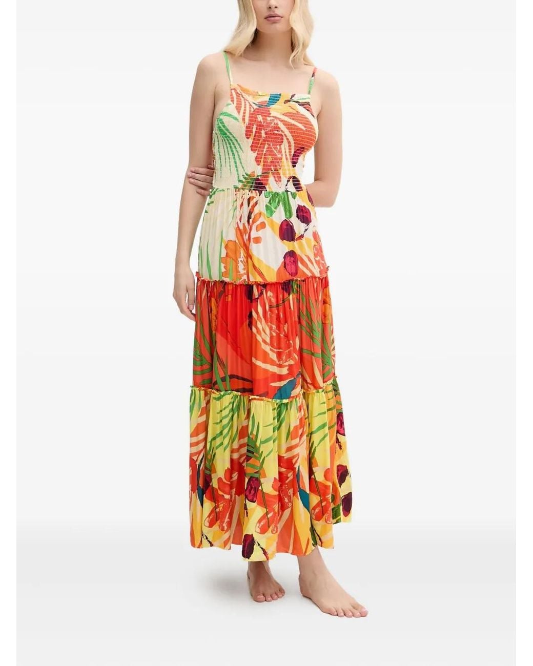 Desigual White Robe Longue À Volants Superposés