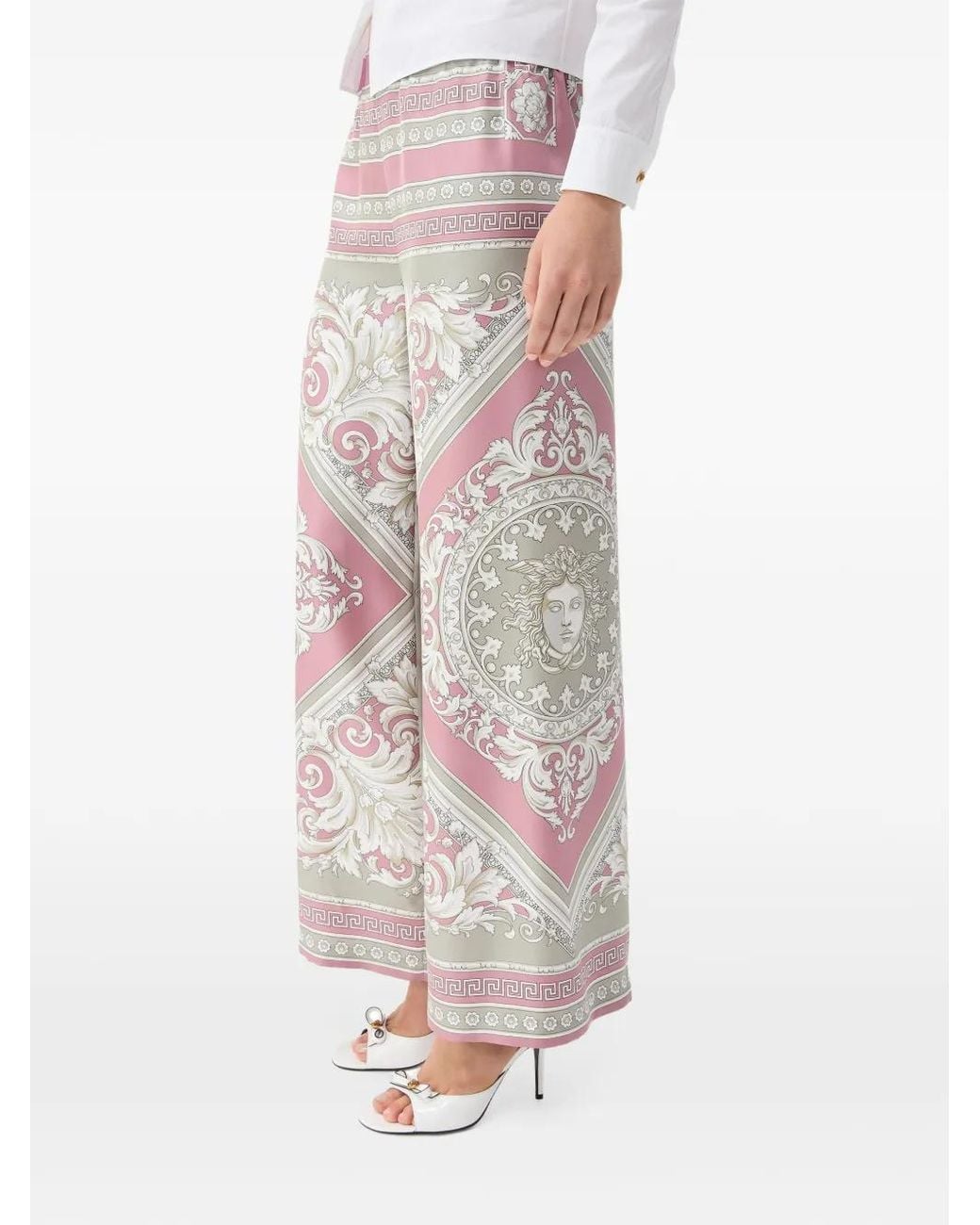 Versace White Barocco-Print Silk Trousers