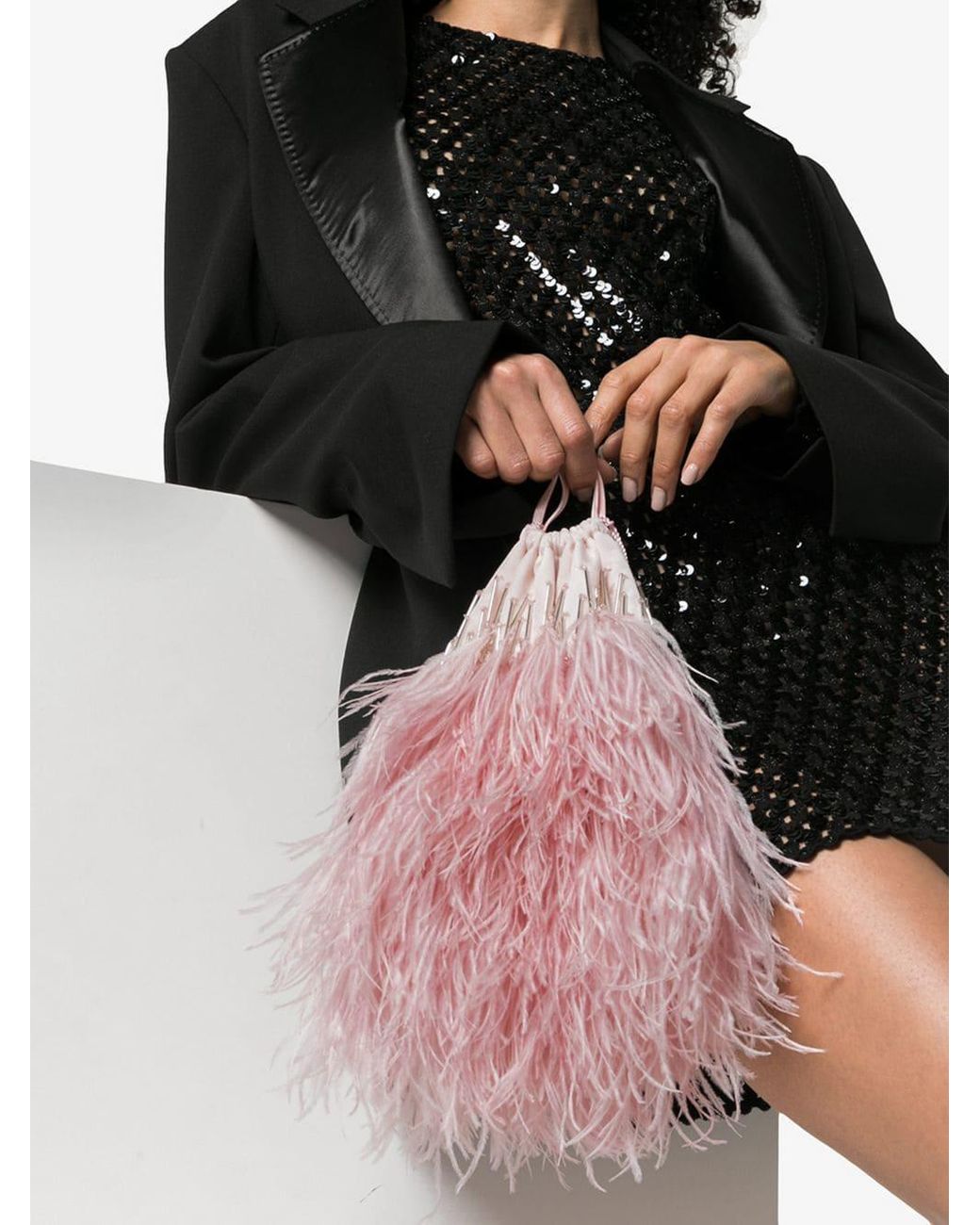 The Attico Beaded Ostrich Feather Satin Clutch Bag in Red