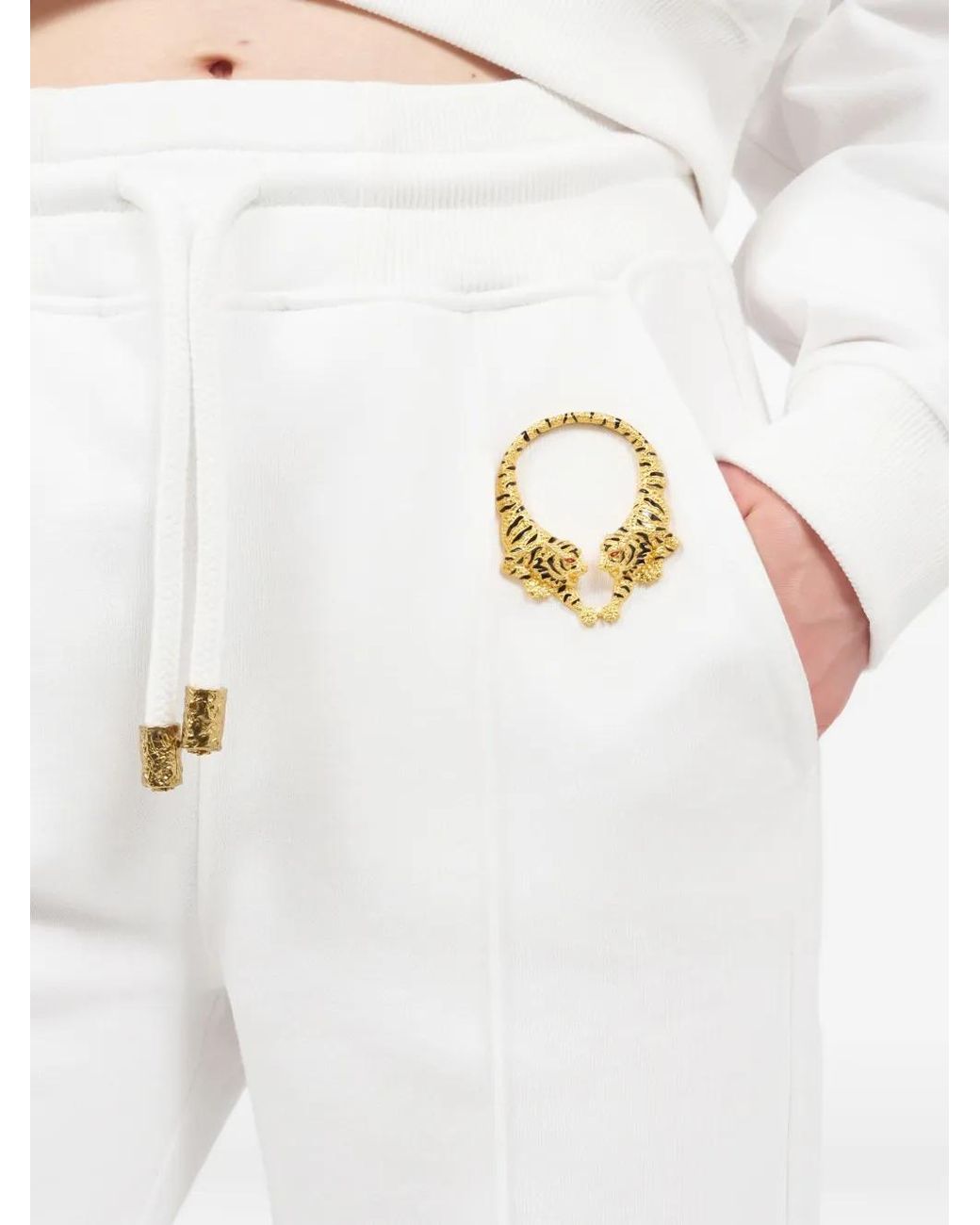 Roberto Cavalli White Tiger Appliqué Drawstring Trousers