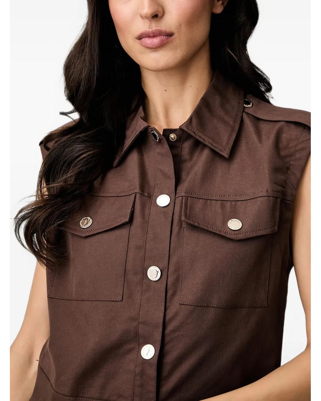 Morgan Brown Button-Up Sleeveless Shirt Jacket