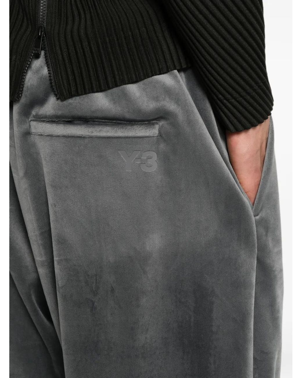Y-3 Gray Logo-Print Wide-Leg Velvet-Texture Trousers