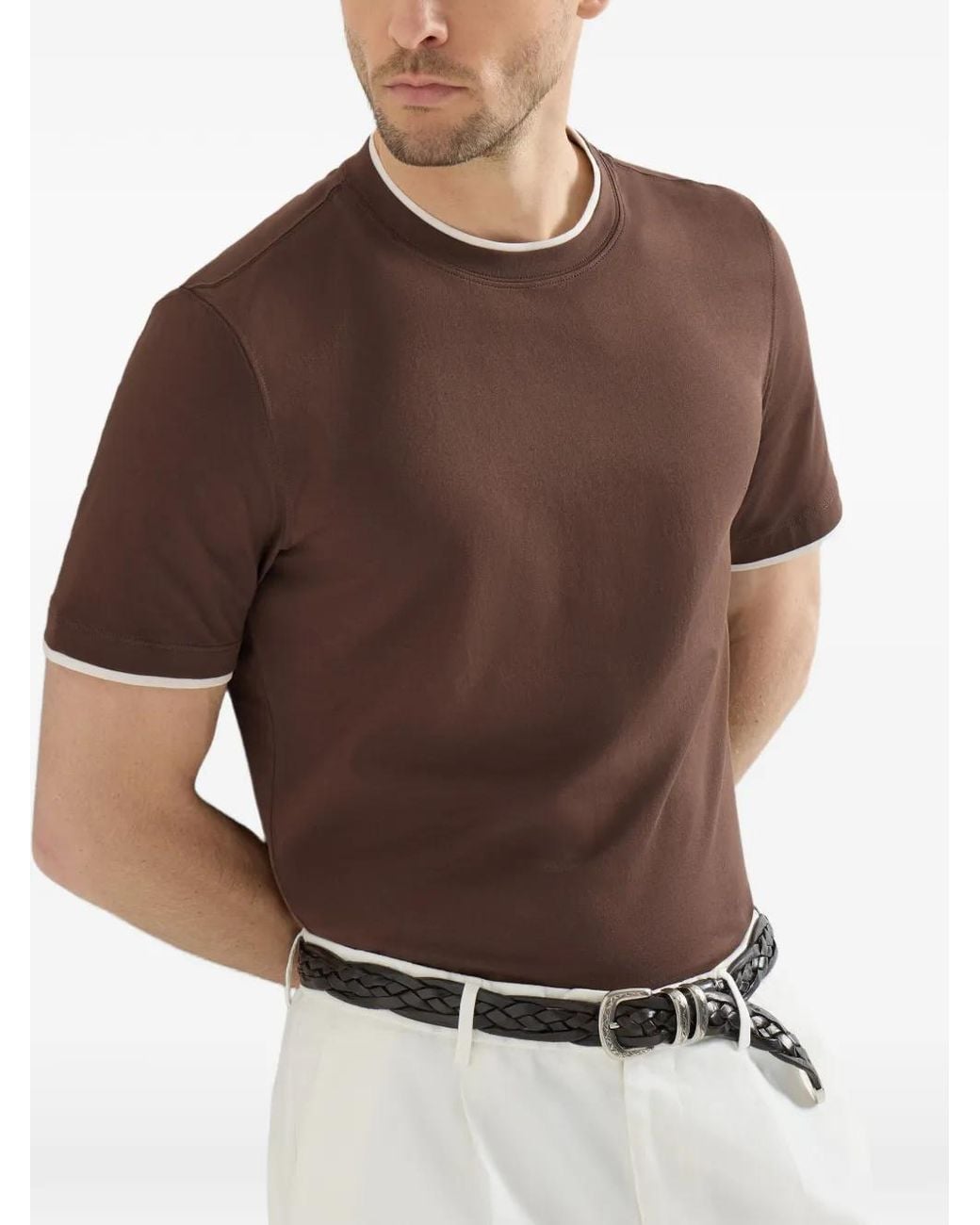 Brunello Cucinelli Brown Cotton Jersey Crew Neck T-Shirt With Faux-Layering for men