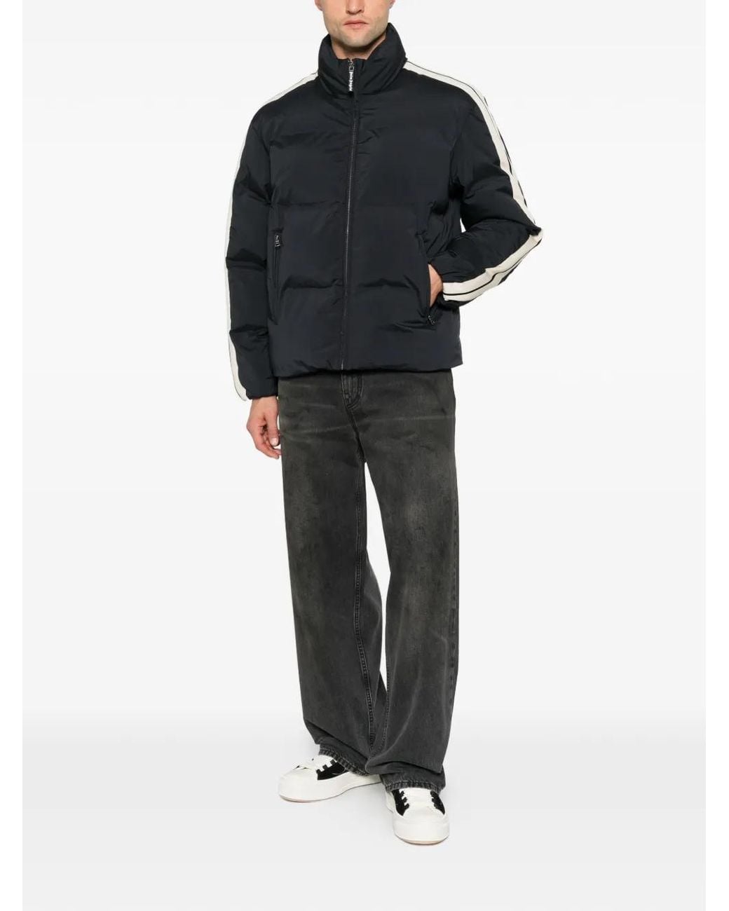 Palm Angels Black Logo-Print Side-Stripe Puffer Jacket for men