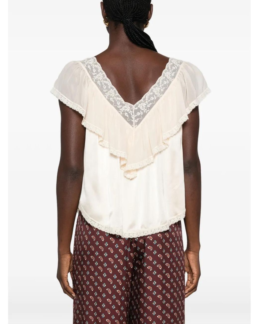 Doen White Yadira Lace-Trimmed Ruffled Blouse
