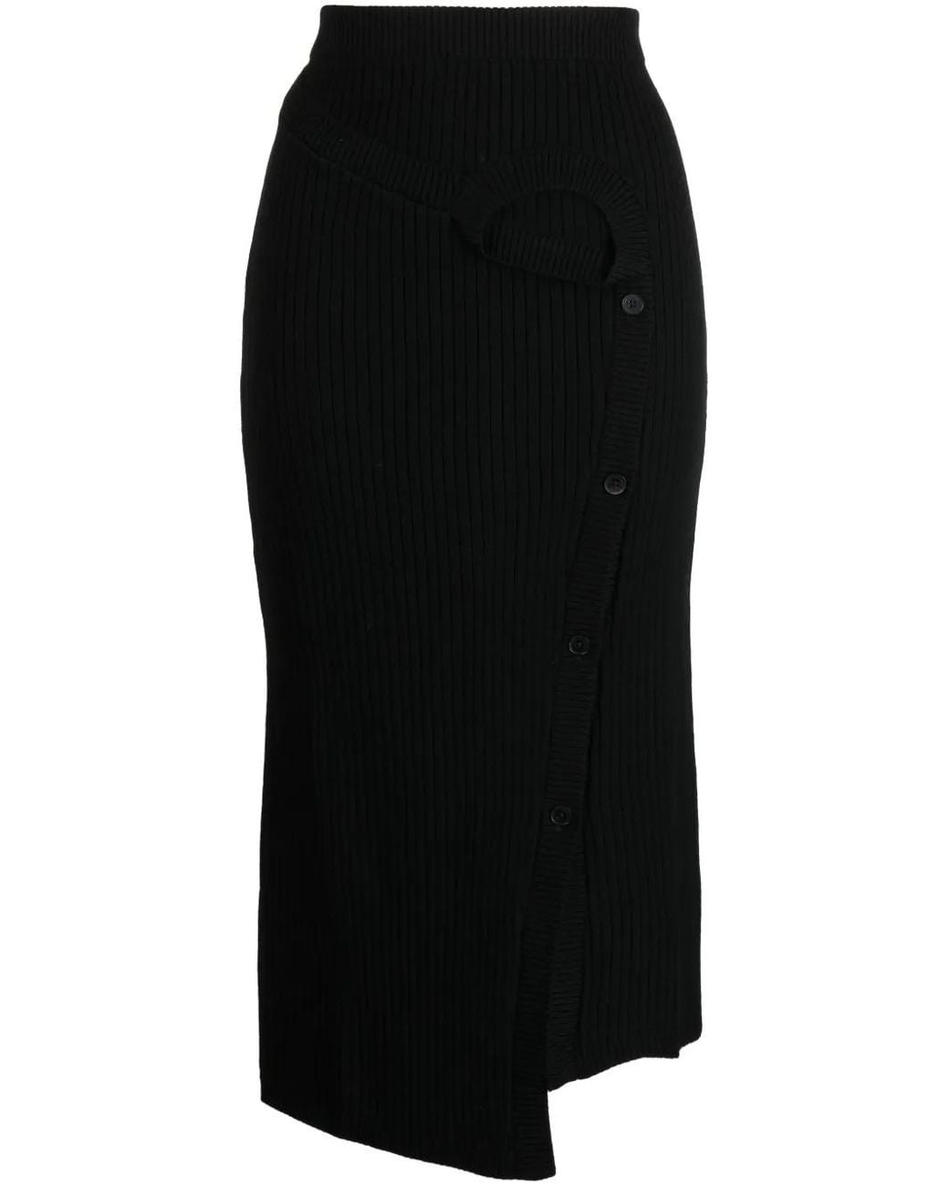 Feng Chen Wang Black Ribbed-Knit Wool Midi Skirt
