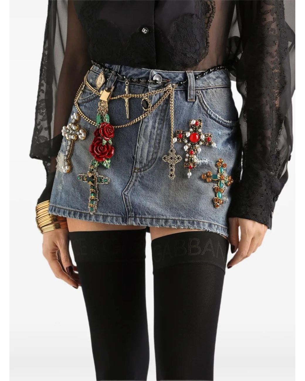 Dolce & Gabbana Gray Denim Miniskirt With Embroidery
