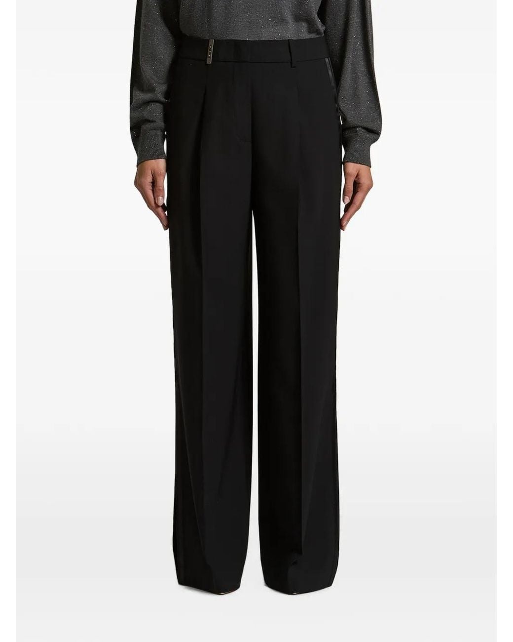 Peserico Black Satin-Trim Pleated Trousers