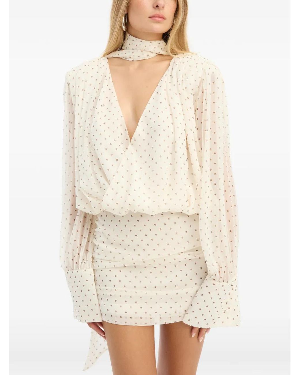 ROTATE BIRGER CHRISTENSEN White Polka Dot Chiffon Mini Dress With Open Back And Bow (Size 34)