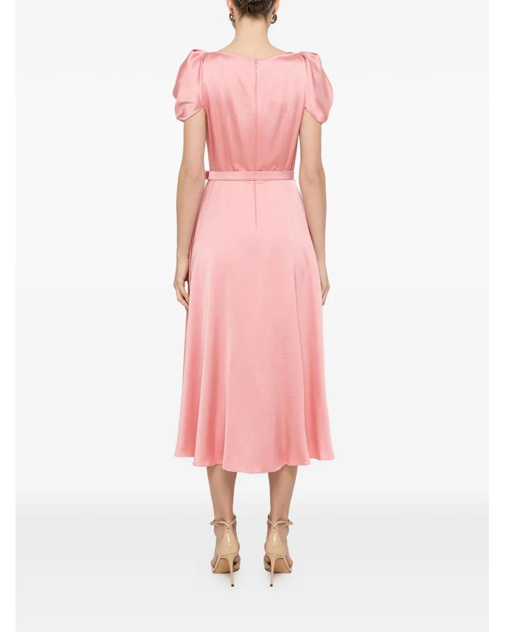 Nissa Pink Robe Mi-Longue En Viscose À Taille Ceinturée