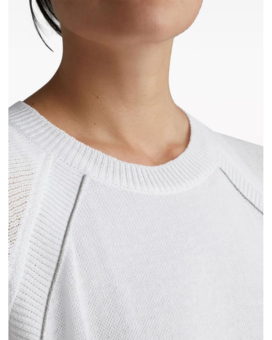 Brunello Cucinelli White Monili-Trim Knit-Cotton T-Shirt Dress