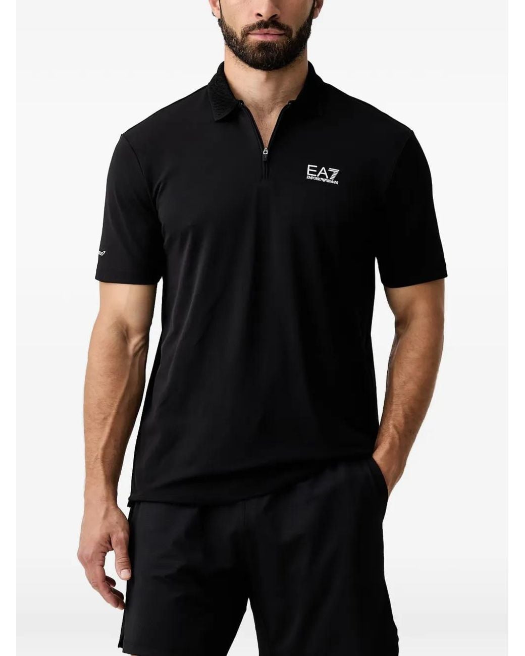 EA7 Black Logo-Print Zip-Neck Polo Shirt for men