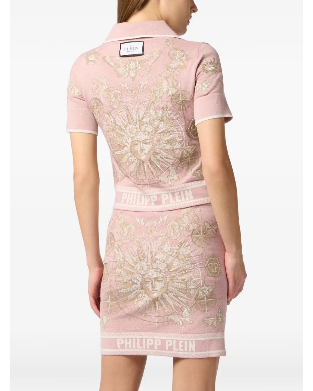 Philipp Plein Pink Embroidery Butterfly Tattoo Polo Shirt
