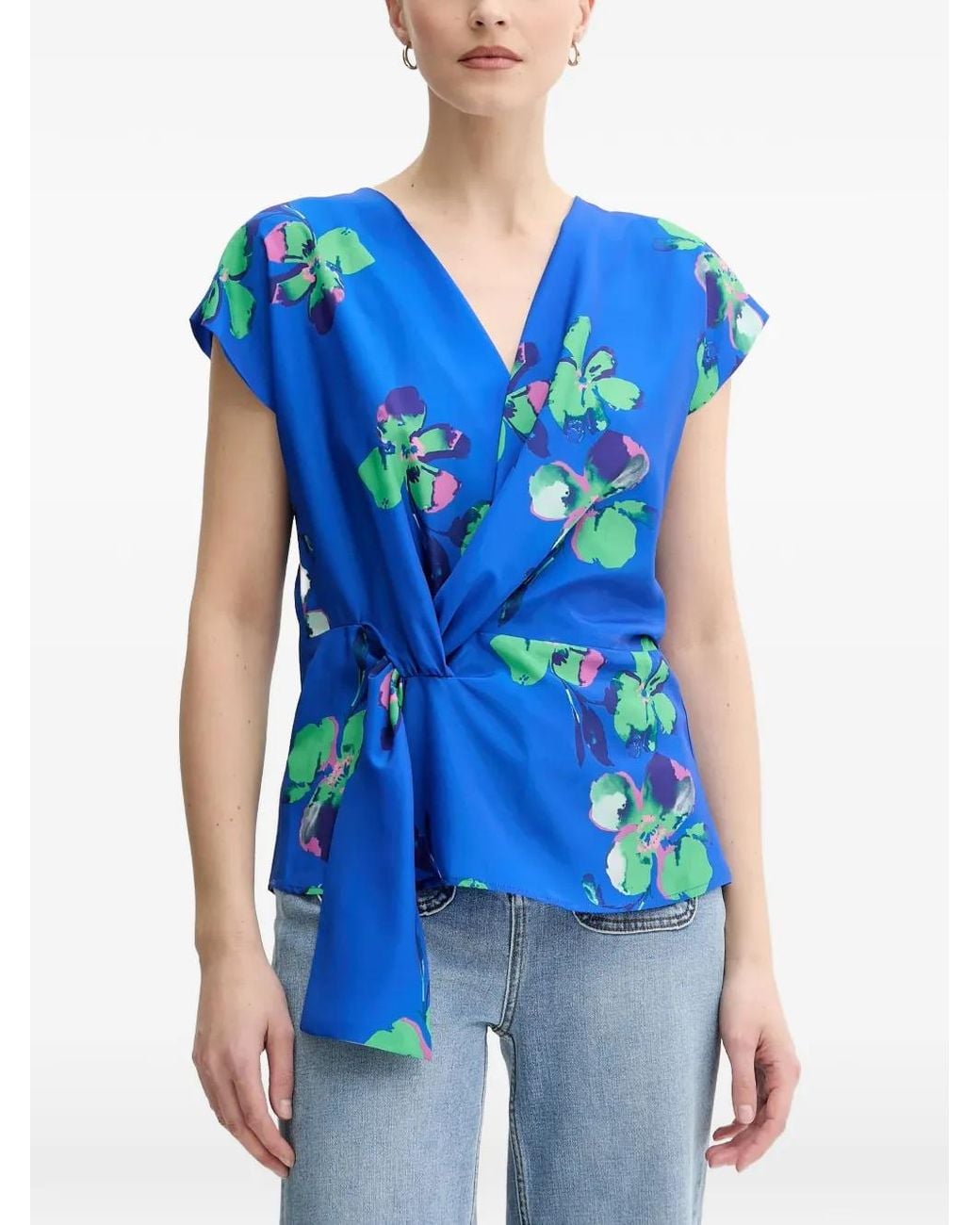 Morgan Blue Floral-Print Wrap-Style Top