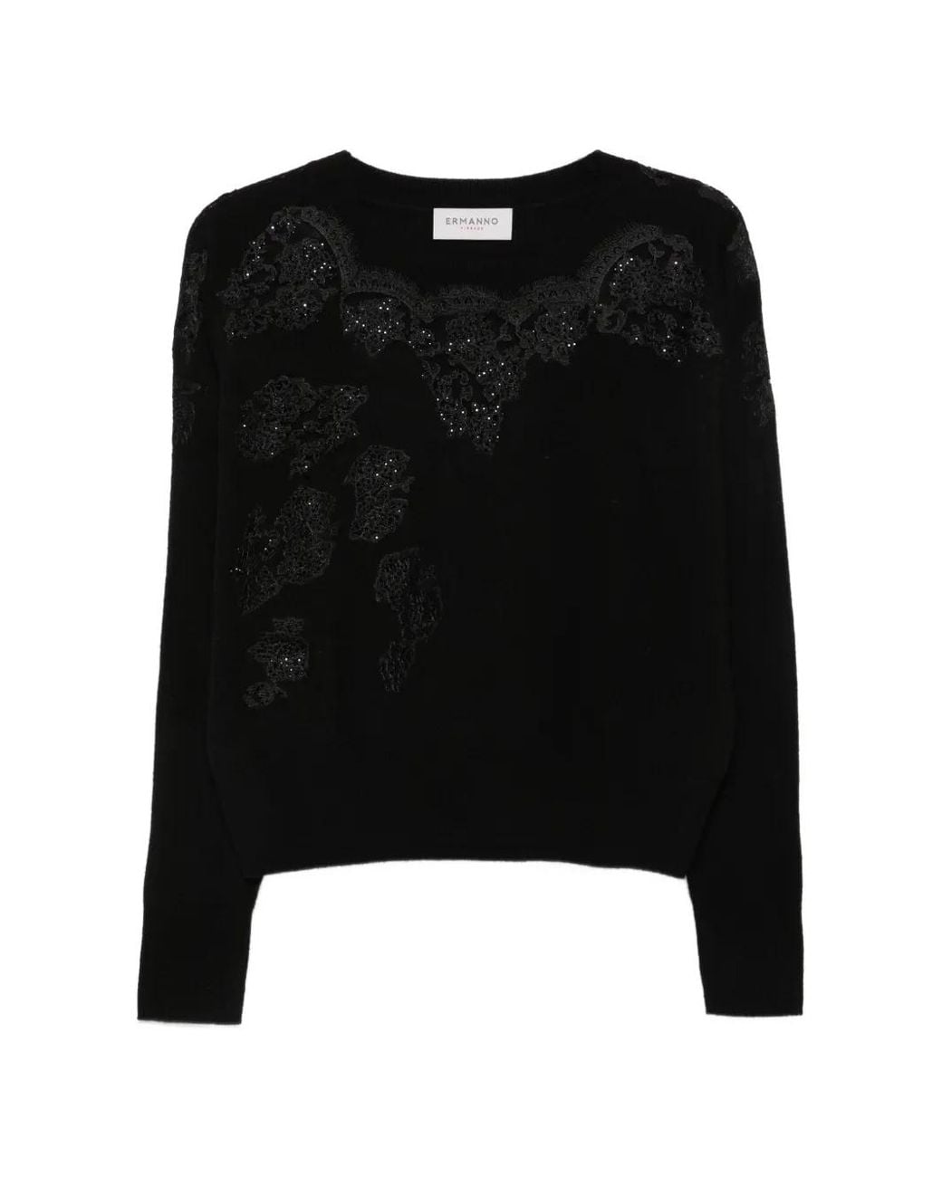 ERMANNO FIRENZE Black Lace-Panel Sequin-Embellished Sweater