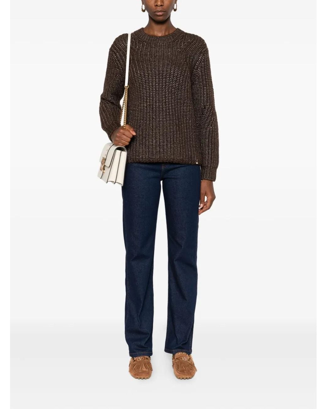 Herno Brown Metallic Ribbed Knit Sweater
