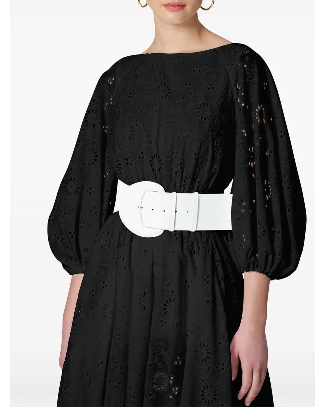Carolina Herrera Black Eyelet Puff-Sleeve Midi Dress