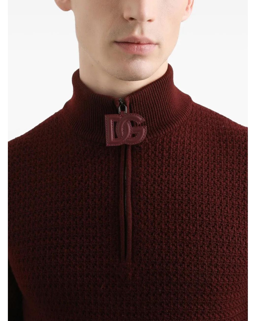 Dolce & Gabbana Brown Half-Zip Waffle-Knit Sweater for men