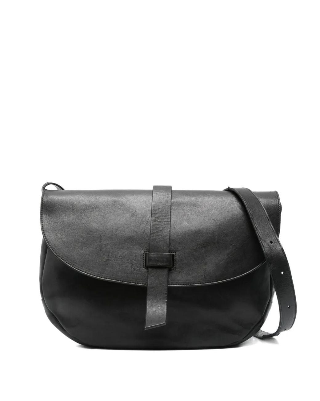 SOMMET Black Leather Flap-Closure Shoulder Bag