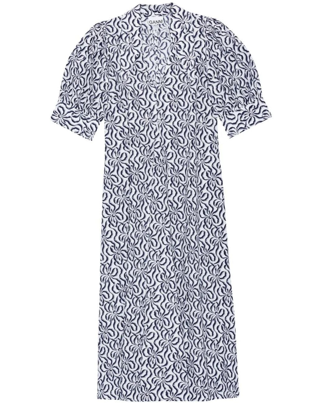 Ganni Blue Graphic-Print Organic-Cotton Midi Dress