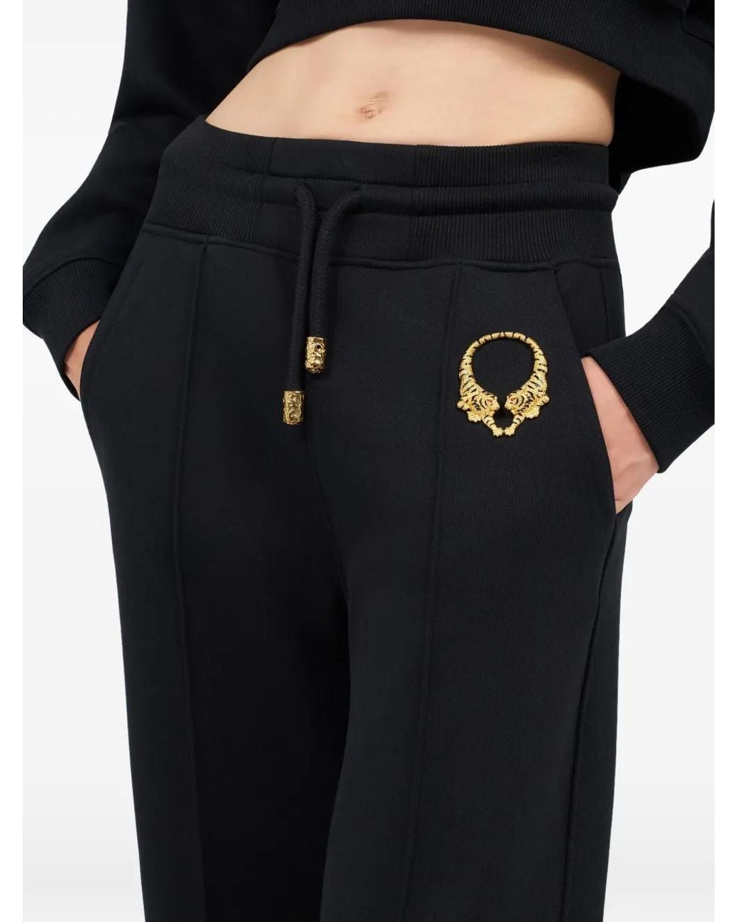 Roberto Cavalli Black Logo-Plaque Drawstring Track Pants
