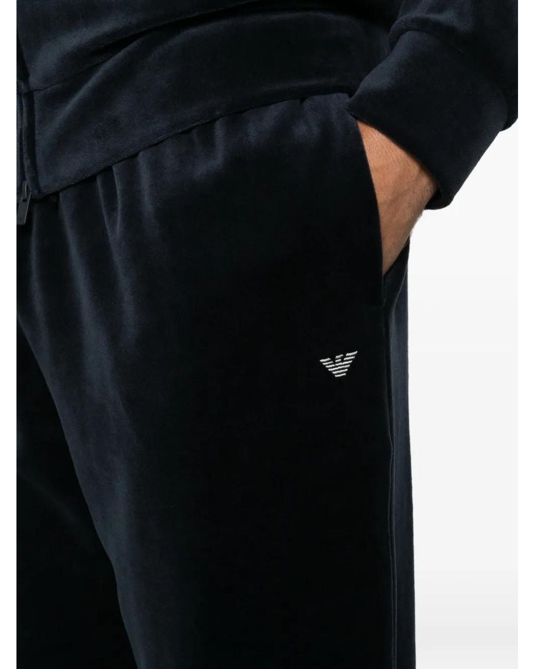 Emporio Armani Black Velvet-Effect Drawstring Track Pants for men
