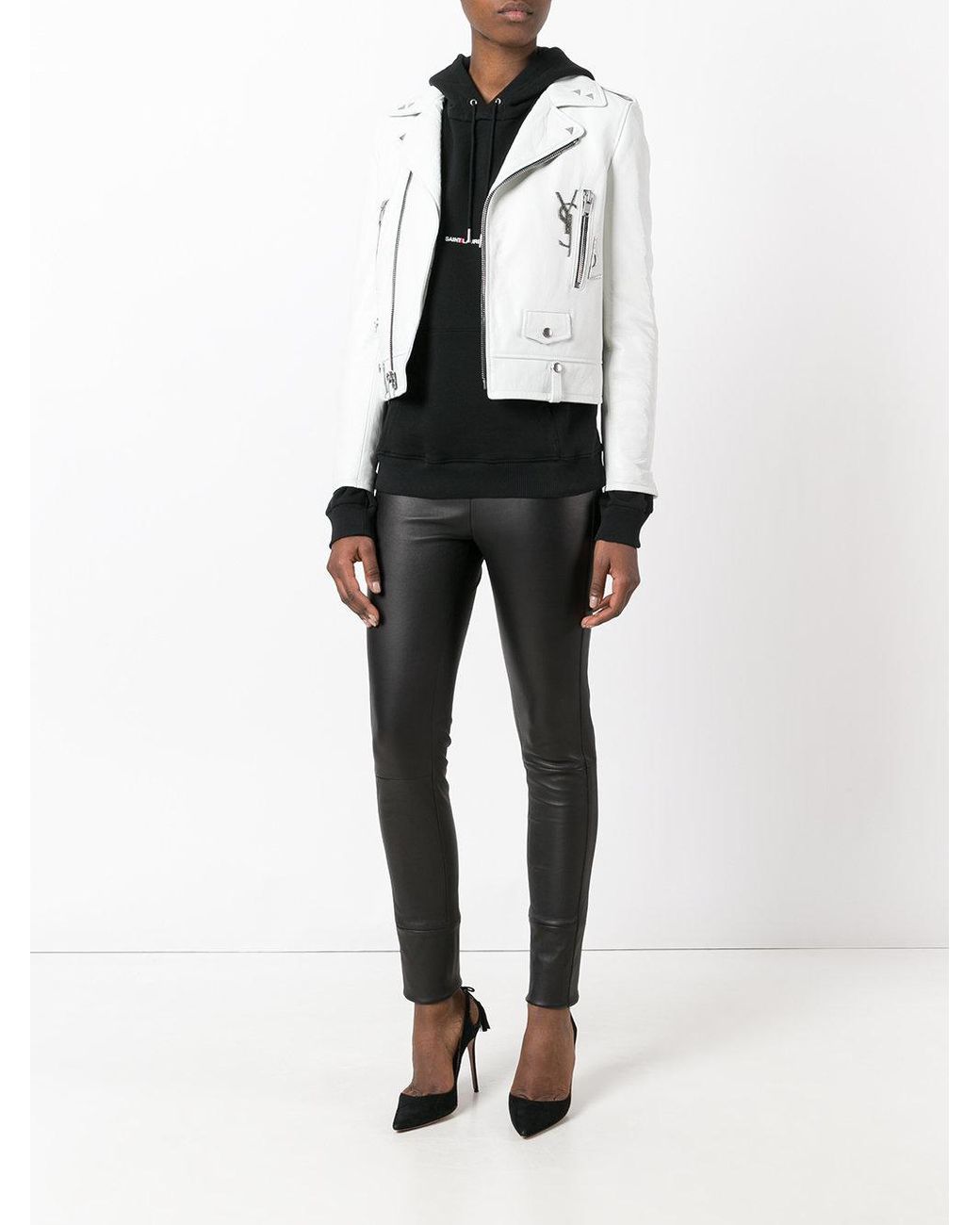 Saint Laurent Leather Classic Ysl Biker Jacket in White | Lyst