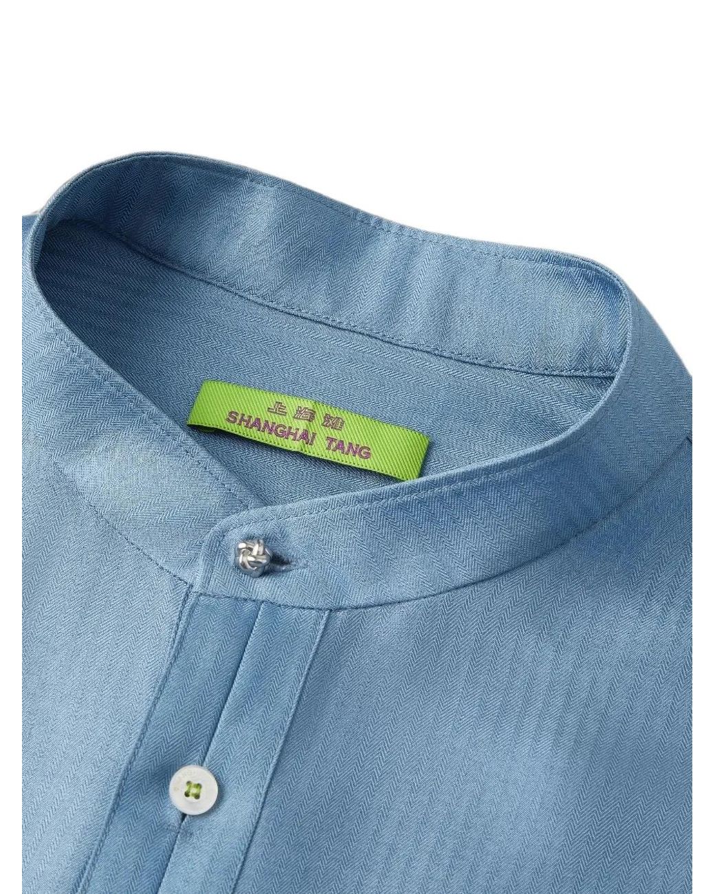 Shanghai Tang Blue Herringbone-Weave Silk Shirt for men