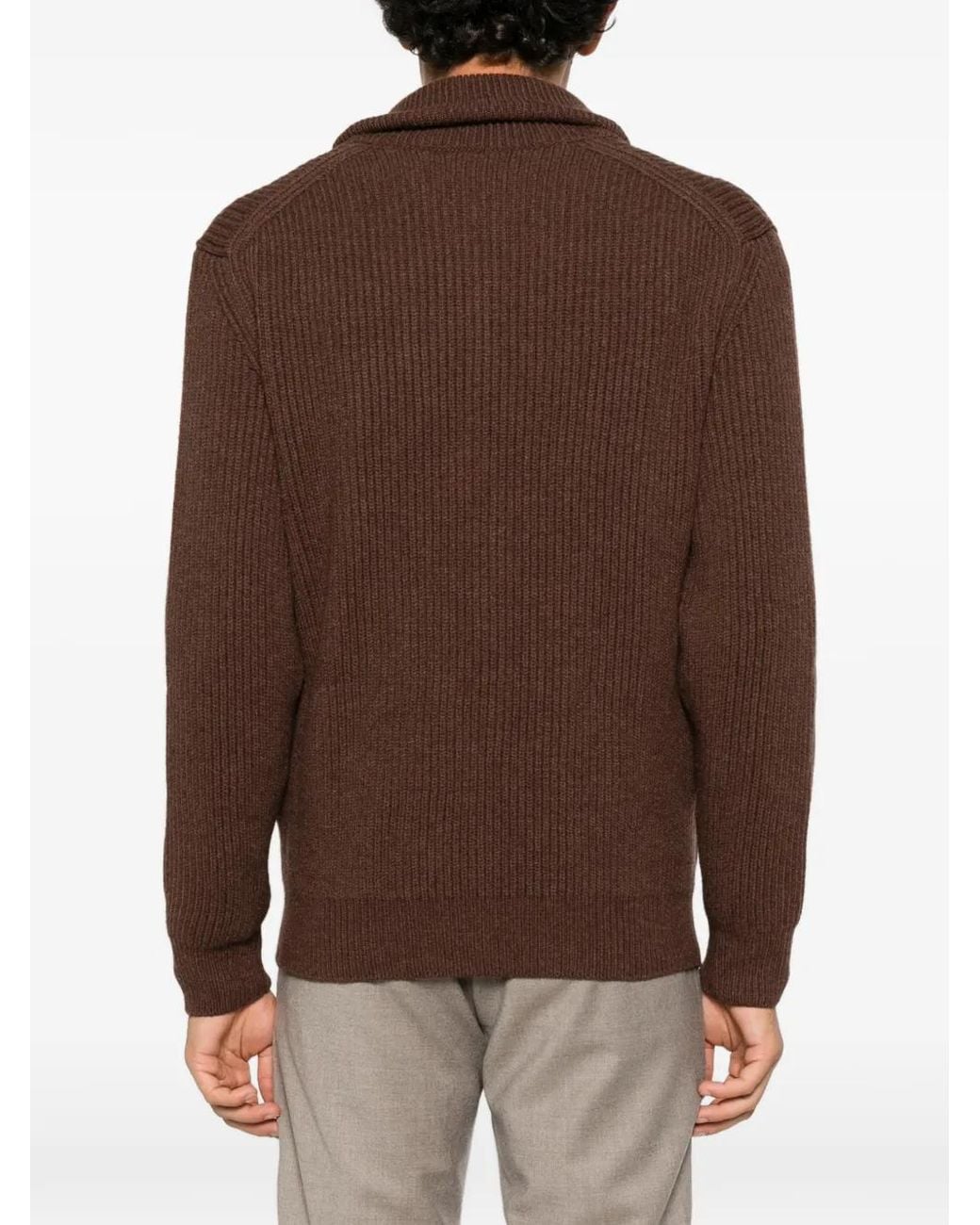 Eleventy Brown Ribbed-Knit Shawl-Collar Cardigan for men