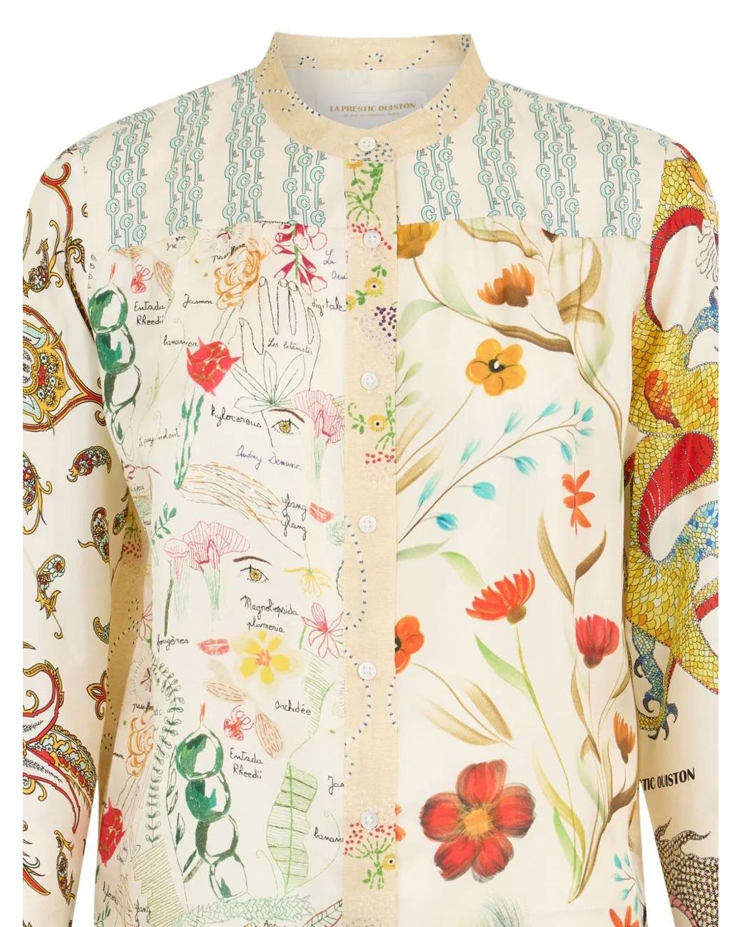La Prestic Ouiston White Mandarin-Collar Print Shirt