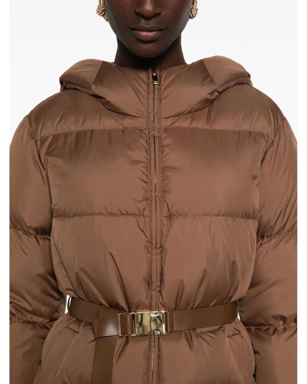 Max Mara Brown Belted Hooded Quilted Jacket