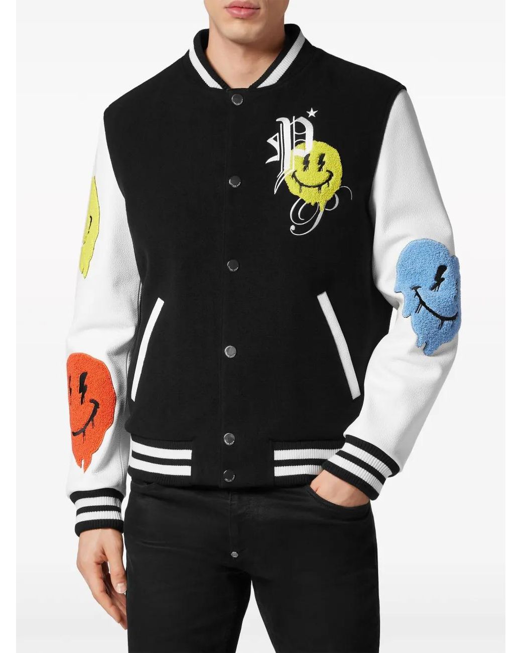 Philipp Plein Black Smile-Appliqué Varsity Jacket for men