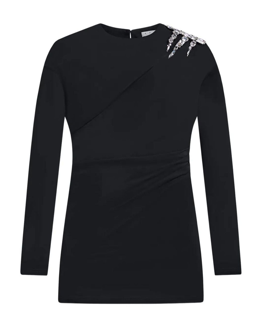 Area Black Crystal Draped Long-Sleeve Mini Dress