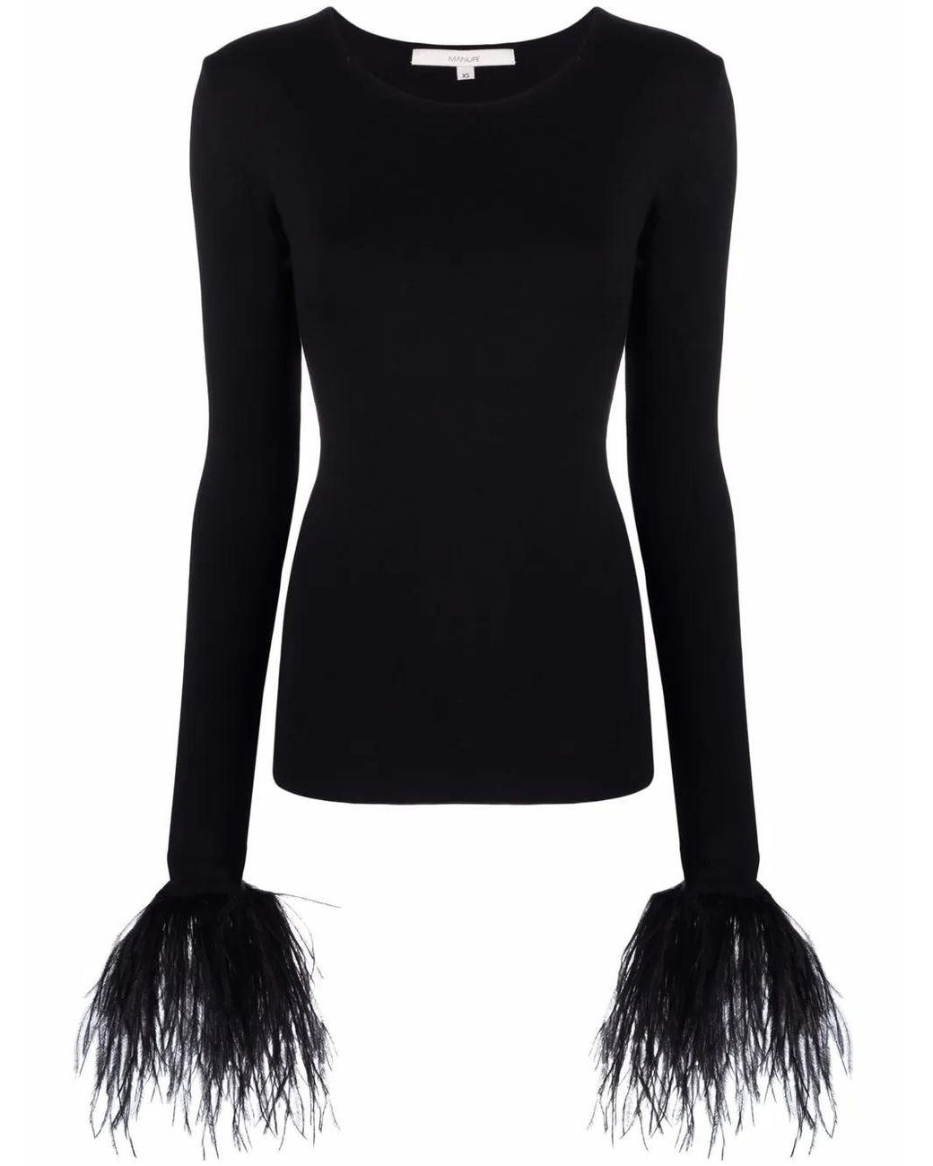 MANURI Black Elektra Feather-Trim Stretch Blouse