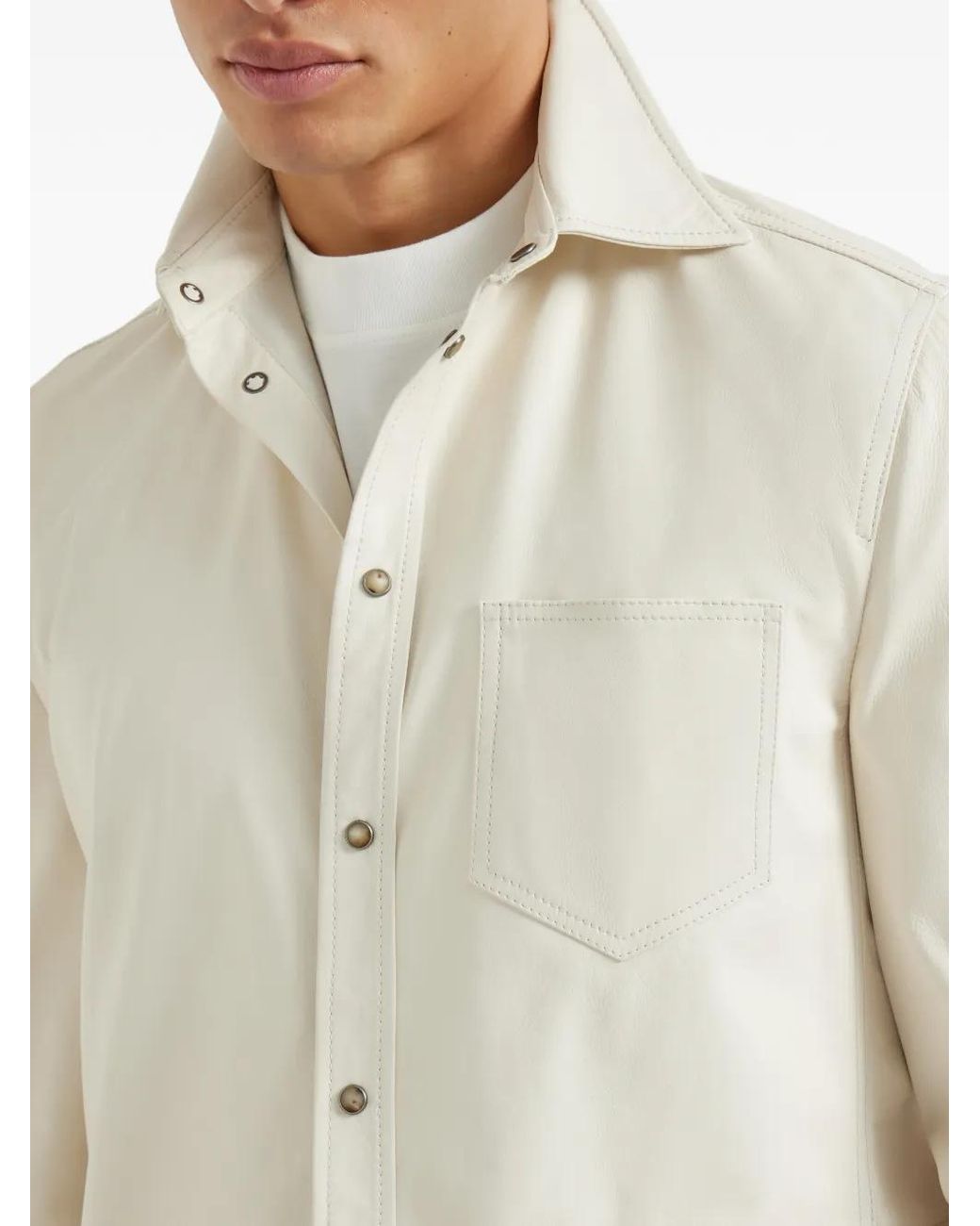 Brunello Cucinelli White Chest-Pocket Long-Sleeve Leather Shirt for men