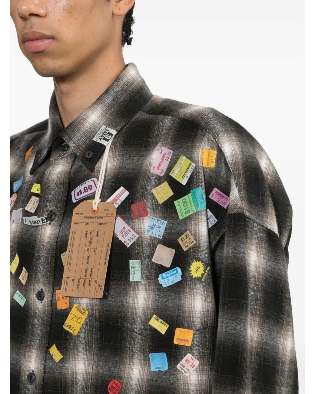 Maison Mihara Yasuhiro Black Price-Sticker Printed Check Shirt for men