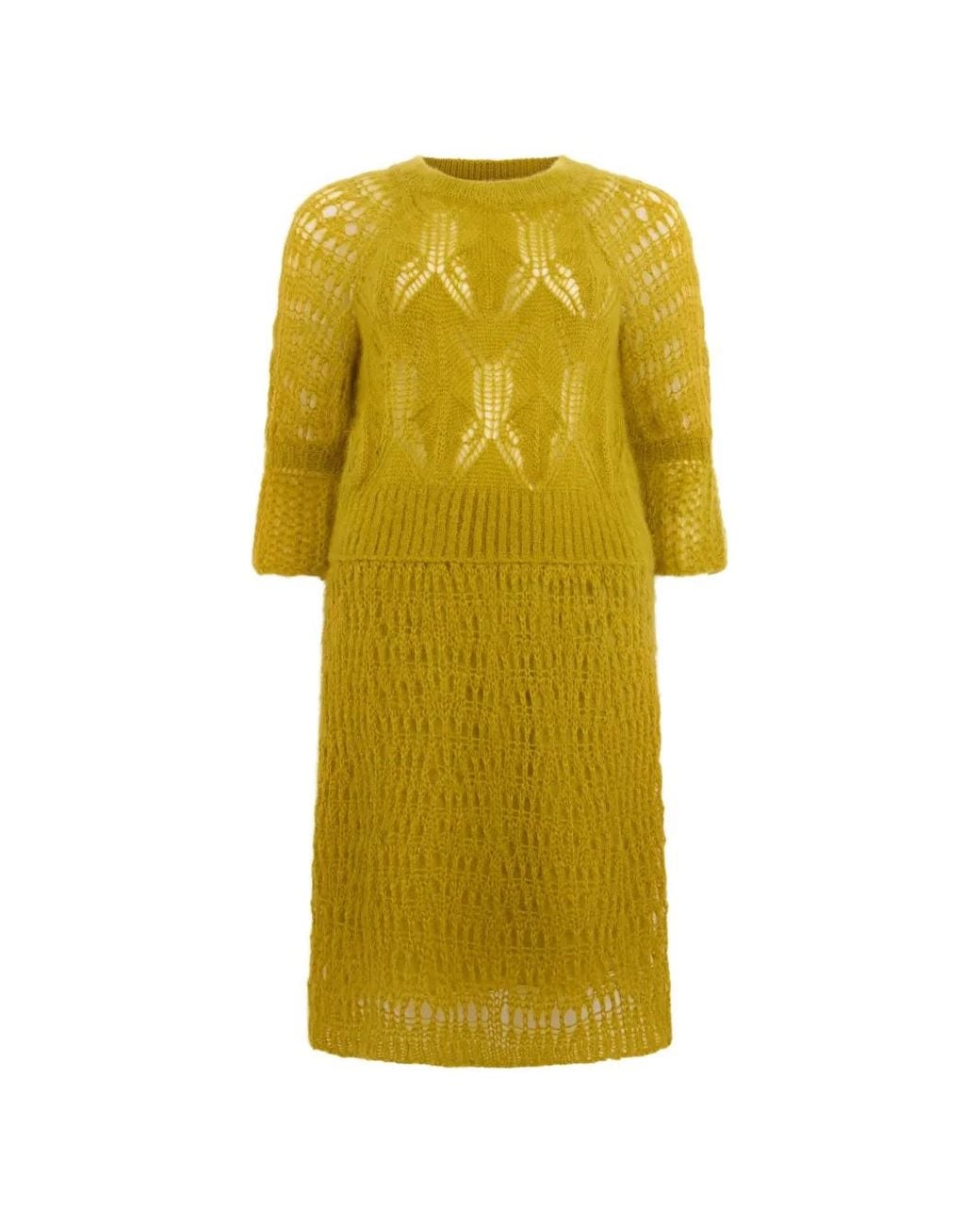 Alberta Ferretti Yellow Open-Knit Midi Dress